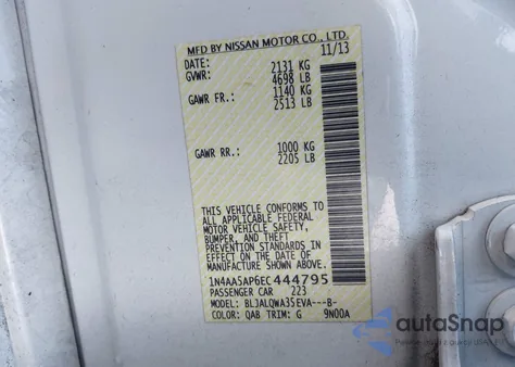 2014 Nissan Maxima 3.5 S from USA, damaged, VIN 1N4AA5AP6EC444795